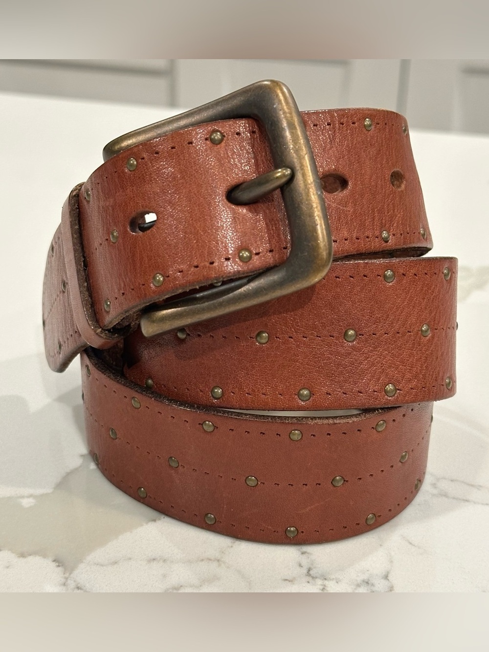 American Eagle Outfitters Brown Leather Studded Belt Brass Buckle Women’s 34 L
